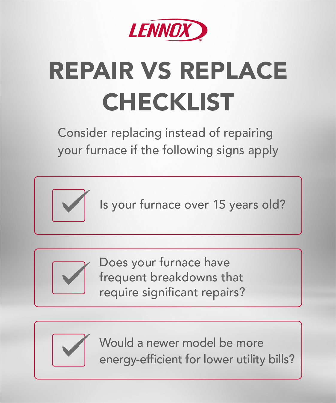 Checklist graphic from Lennox showing signs it may be time to replace a furnace.webp